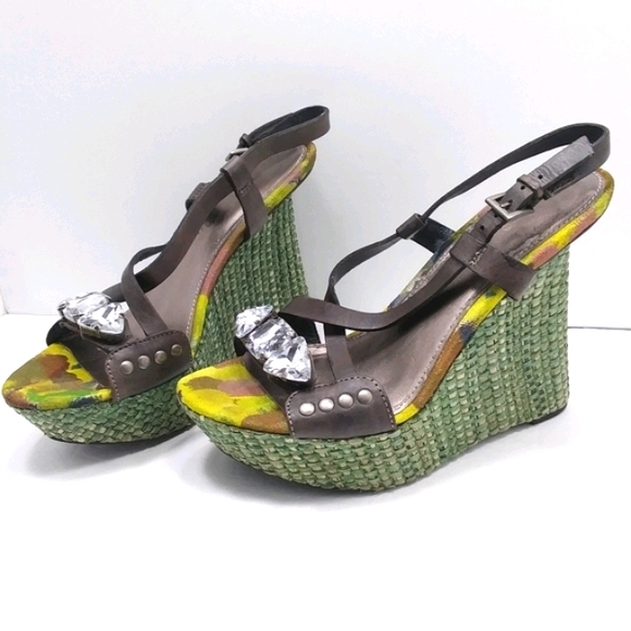 SAM EDELMAN Abstract Fabric & Woven Straw Recessed Platform Wedge Bling … - Picture 14 of 15